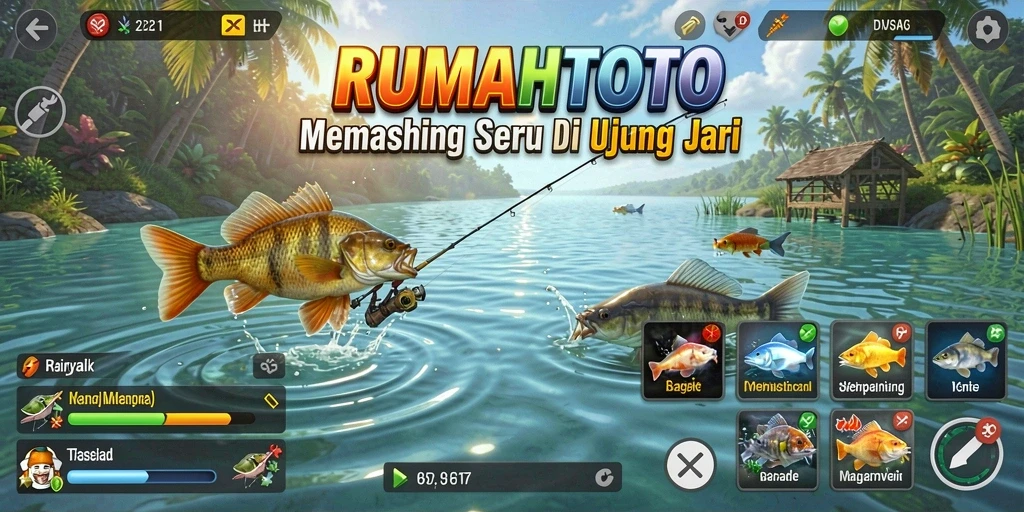 Screenshot gameplay RUMAHTOTO menampilkan aksi memancing yang mendebarkan.